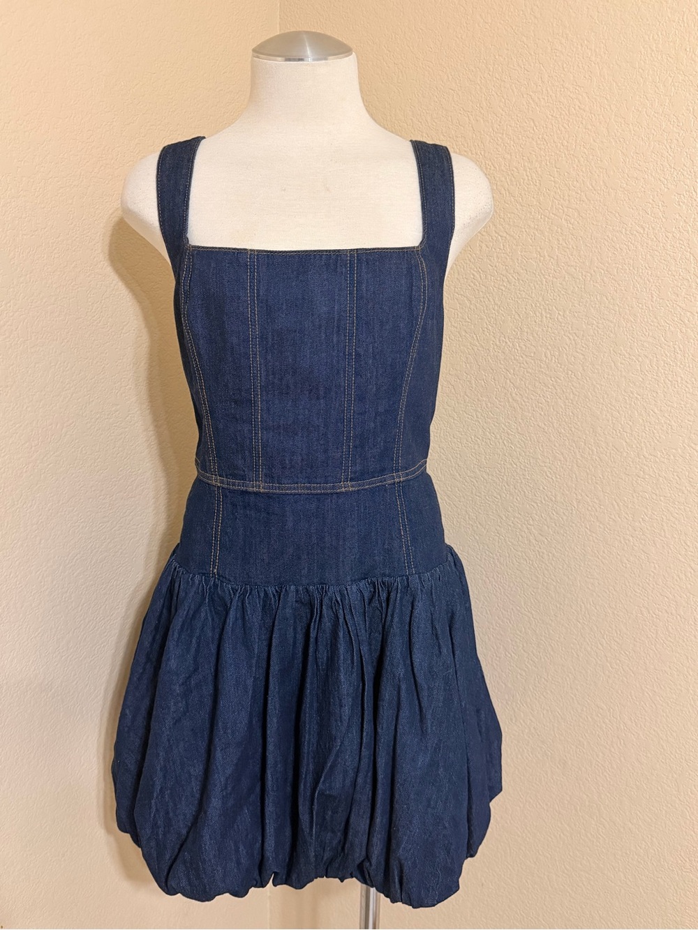 Reformation Navy Denim Square-Neck Bubble Mini Dress